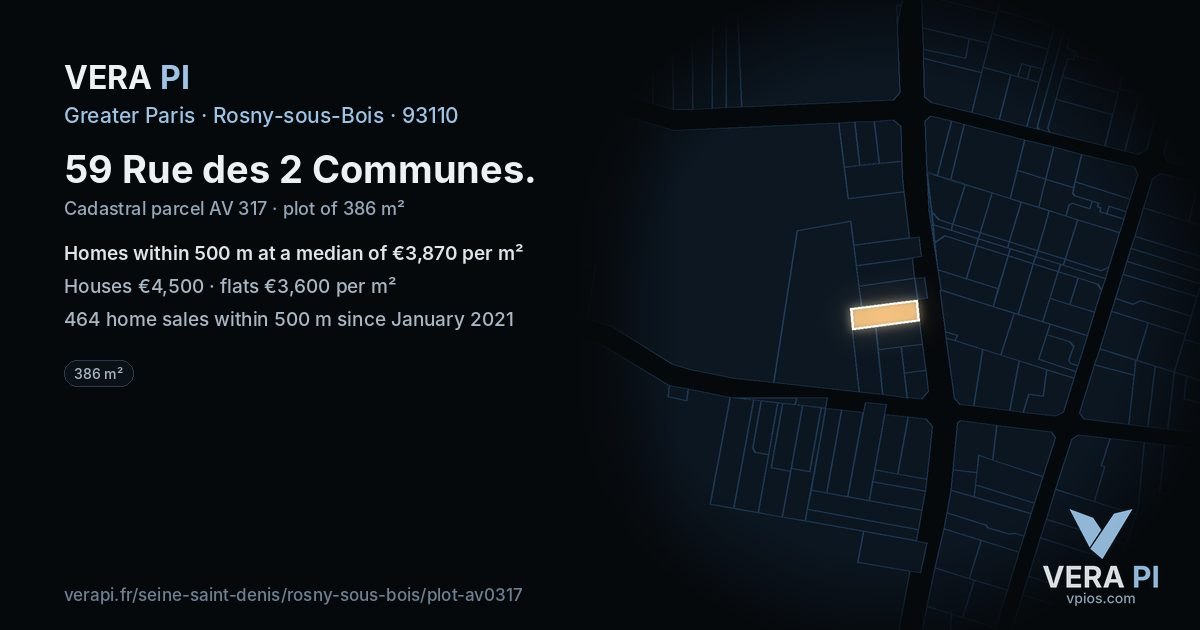 59 Rue des 2 Communes, Rosny-sous-Bois at night – the plot lit, the parcels around coloured by the prices near them