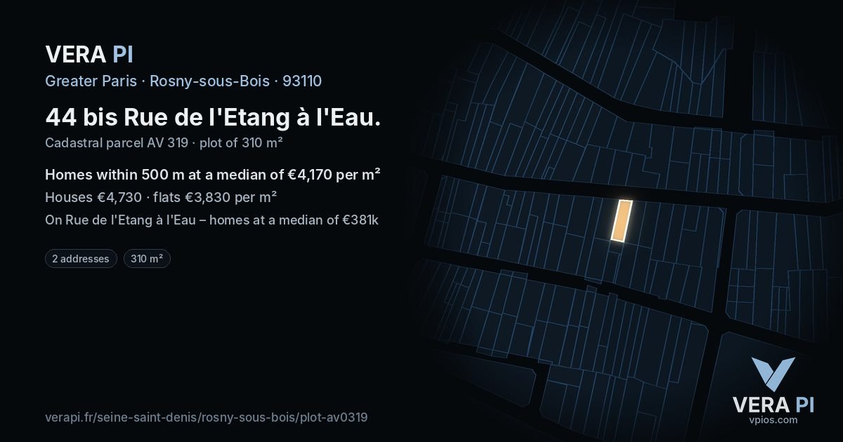 44 bis Rue de l'Etang à l'Eau, Rosny-sous-Bois at night – the plot lit, the parcels around coloured by the prices near them