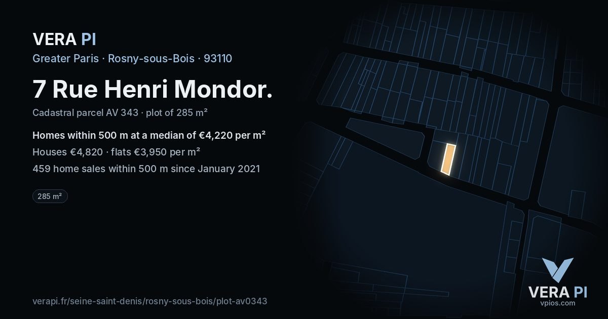 7 Rue Henri Mondor, Rosny-sous-Bois at night – the plot lit, the parcels around coloured by the prices near them