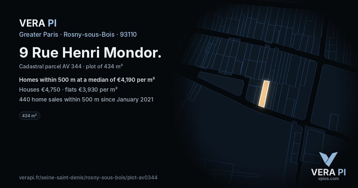 9 Rue Henri Mondor, Rosny-sous-Bois at night – the plot lit, the parcels around coloured by the prices near them