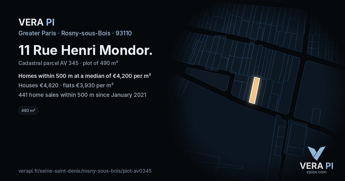 11 Rue Henri Mondor, Rosny-sous-Bois at night – the plot lit, the parcels around coloured by the prices near them