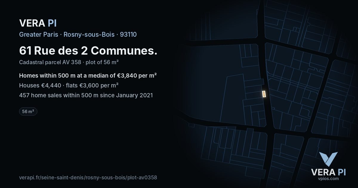 61 Rue des 2 Communes, Rosny-sous-Bois at night – the plot lit, the parcels around coloured by the prices near them