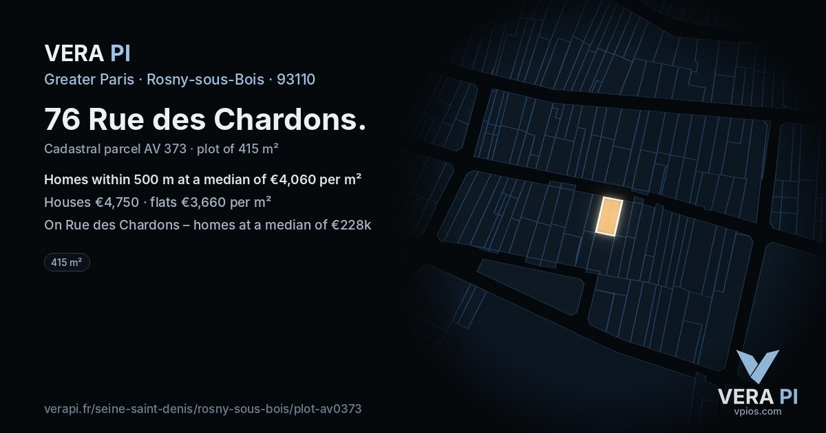 76 Rue des Chardons, Rosny-sous-Bois at night – the plot lit, the parcels around coloured by the prices near them
