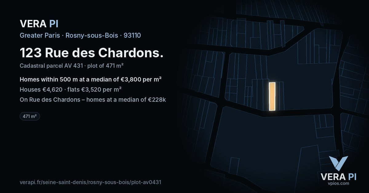 123 Rue des Chardons, Rosny-sous-Bois at night – the plot lit, the parcels around coloured by the prices near them