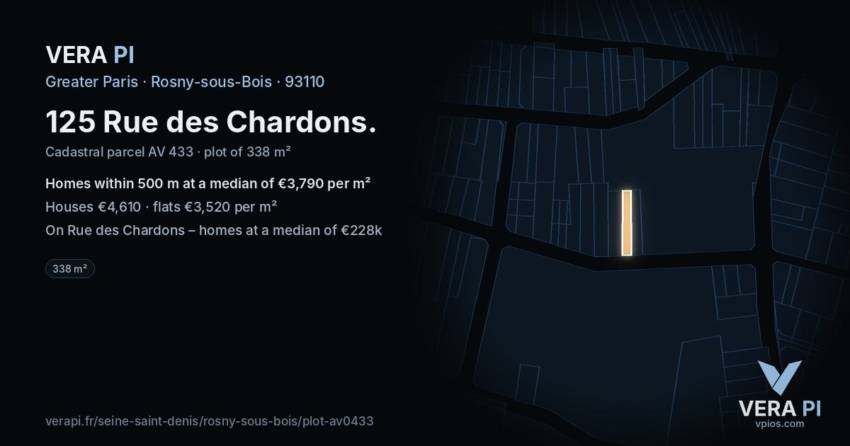 125 Rue des Chardons, Rosny-sous-Bois at night – the plot lit, the parcels around coloured by the prices near them