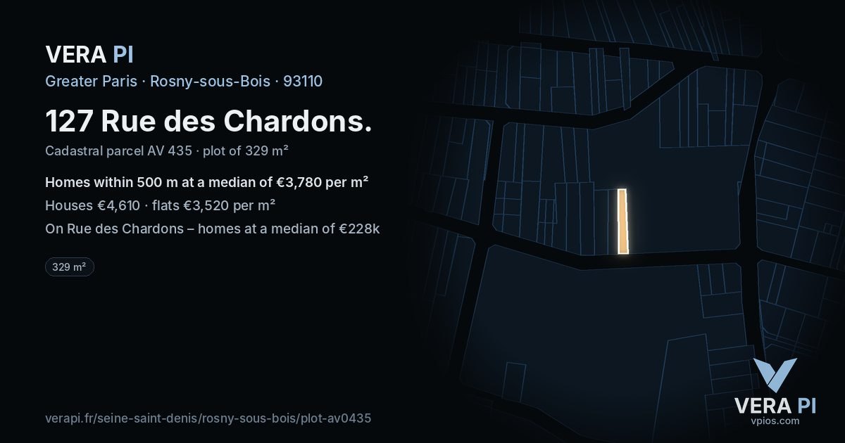 127 Rue des Chardons, Rosny-sous-Bois at night – the plot lit, the parcels around coloured by the prices near them