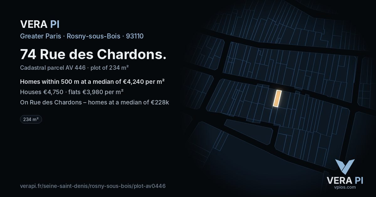 74 Rue des Chardons, Rosny-sous-Bois at night – the plot lit, the parcels around coloured by the prices near them