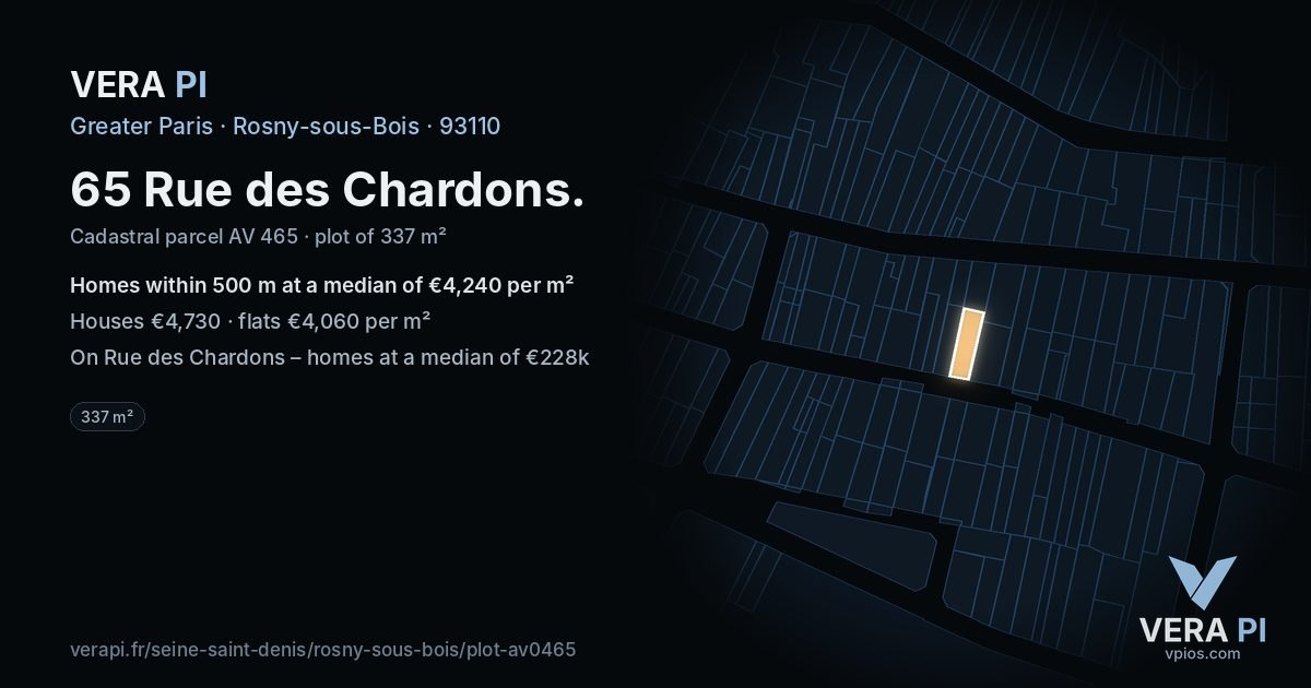 65 Rue des Chardons, Rosny-sous-Bois at night – the plot lit, the parcels around coloured by the prices near them