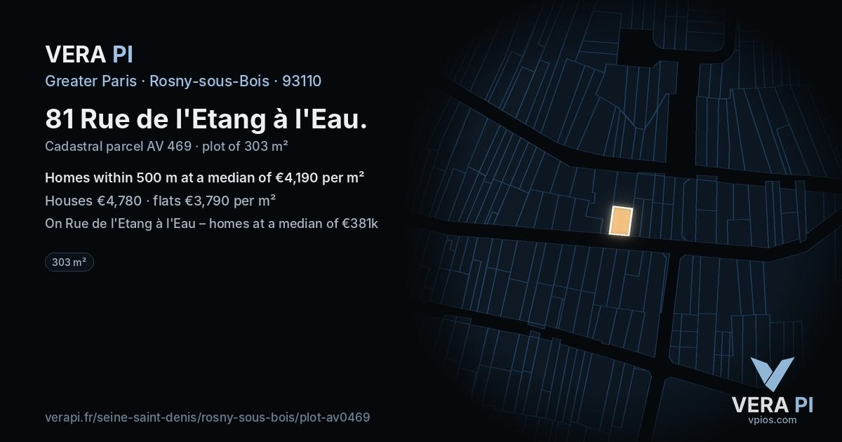 81 Rue de l'Etang à l'Eau, Rosny-sous-Bois at night – the plot lit, the parcels around coloured by the prices near them