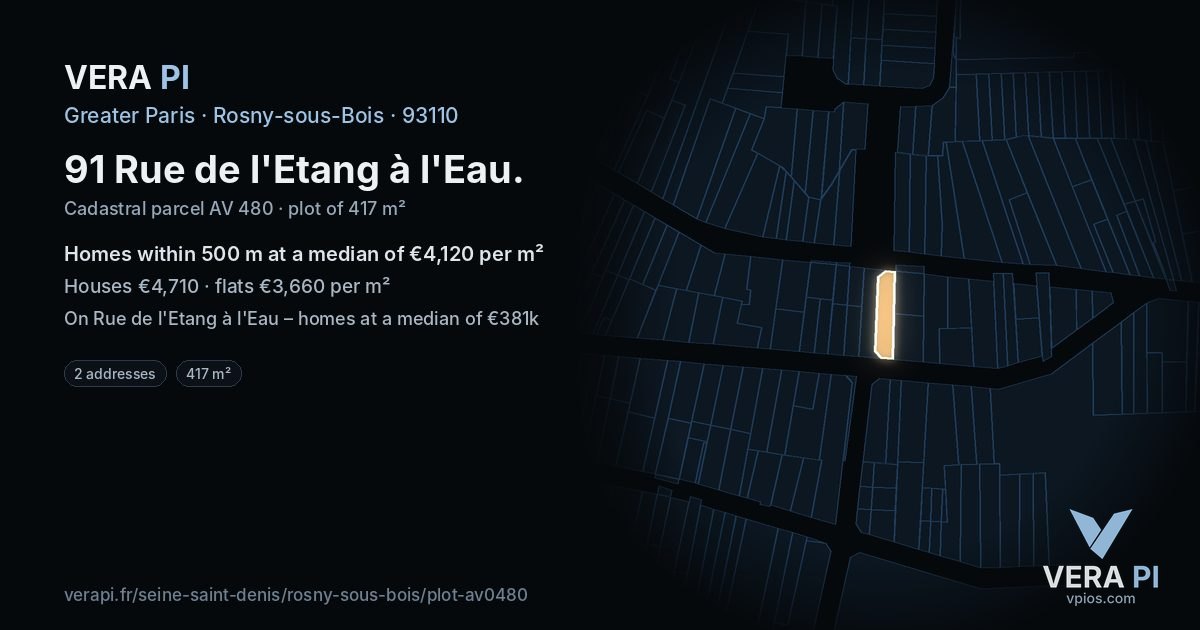 91 Rue de l'Etang à l'Eau, Rosny-sous-Bois at night – the plot lit, the parcels around coloured by the prices near them