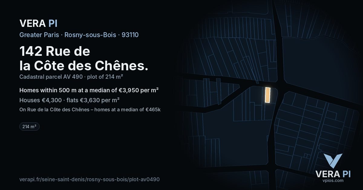 142 Rue de la Côte des Chênes, Rosny-sous-Bois at night – the plot lit, the parcels around coloured by the prices near them