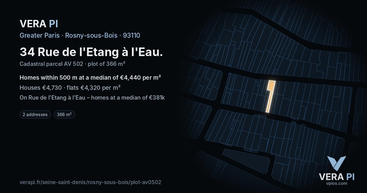 34 Rue de l'Etang à l'Eau, Rosny-sous-Bois at night – the plot lit, the parcels around coloured by the prices near them