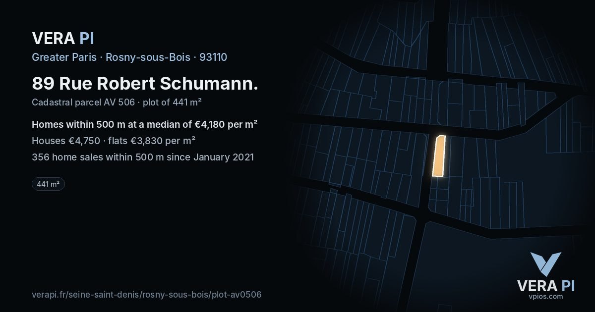 89 Rue Robert Schumann, Rosny-sous-Bois at night – the plot lit, the parcels around coloured by the prices near them