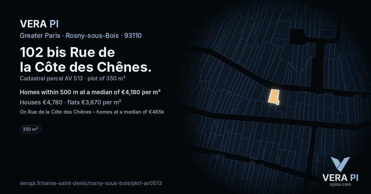 102 bis Rue de la Côte des Chênes, Rosny-sous-Bois at night – the plot lit, the parcels around coloured by the prices near them