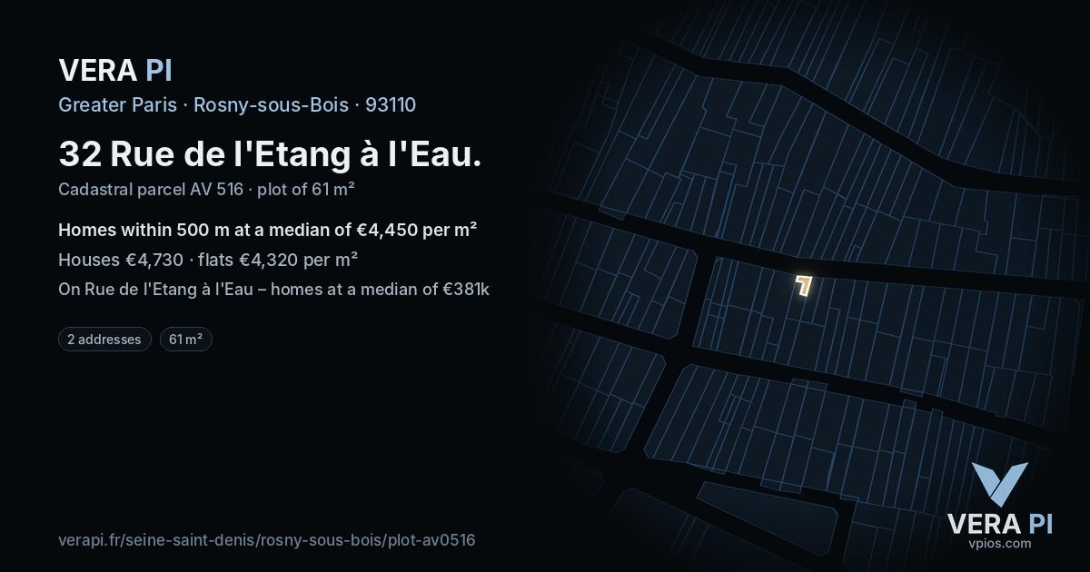 32 Rue de l'Etang à l'Eau, Rosny-sous-Bois at night – the plot lit, the parcels around coloured by the prices near them