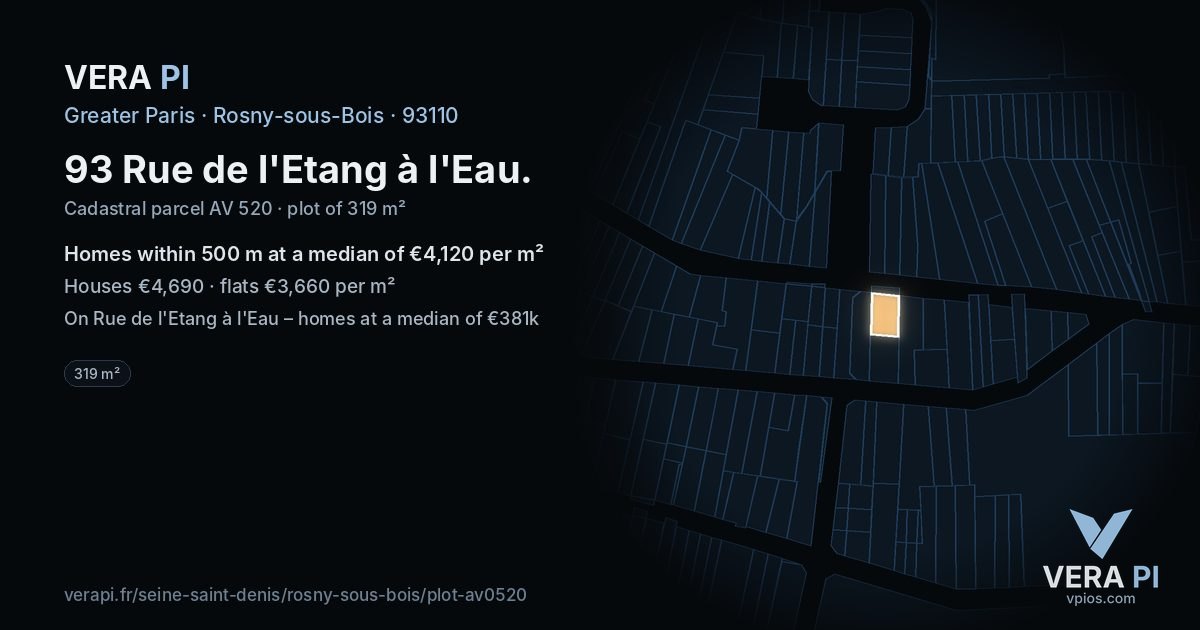 93 Rue de l'Etang à l'Eau, Rosny-sous-Bois at night – the plot lit, the parcels around coloured by the prices near them