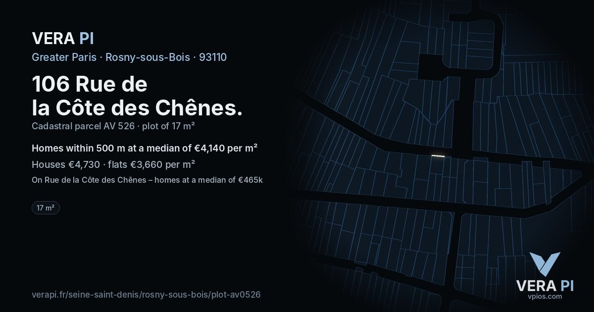106 Rue de la Côte des Chênes, Rosny-sous-Bois at night – the plot lit, the parcels around coloured by the prices near them