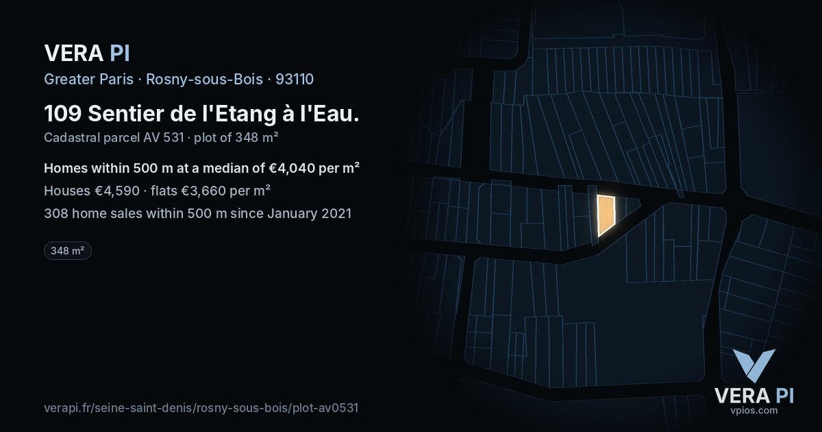 109 Sentier de l'Etang à l'Eau, Rosny-sous-Bois at night – the plot lit, the parcels around coloured by the prices near them
