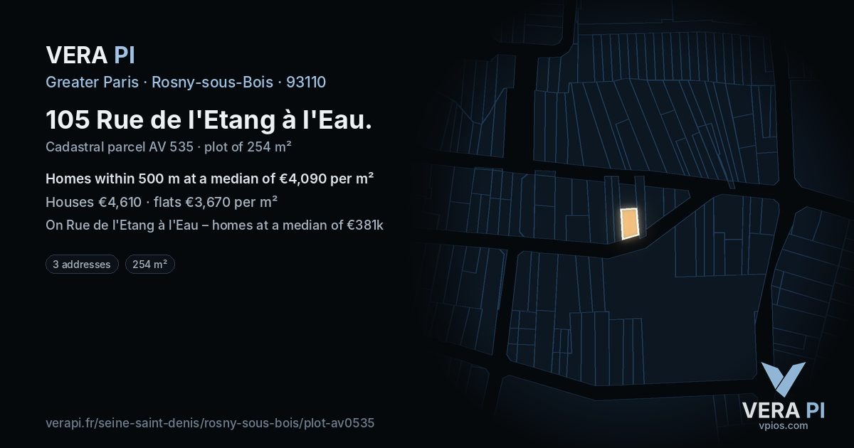 105 Rue de l'Etang à l'Eau, Rosny-sous-Bois at night – the plot lit, the parcels around coloured by the prices near them