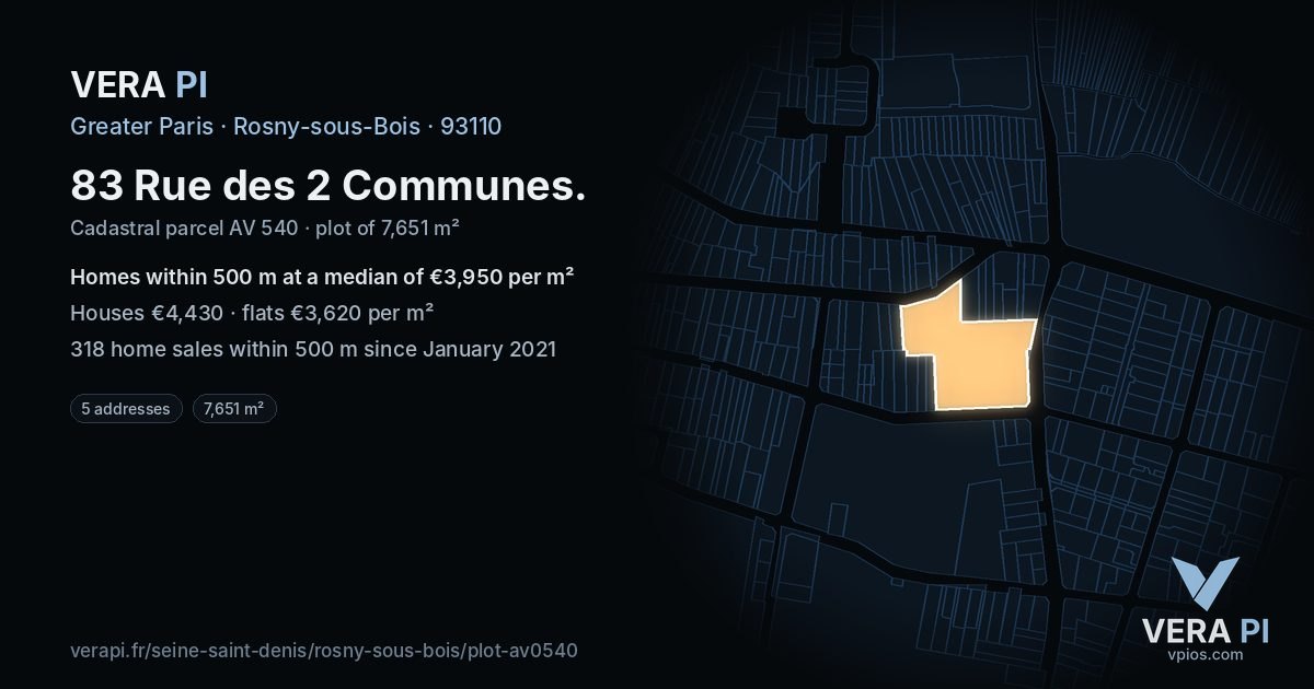 83 Rue des 2 Communes, Rosny-sous-Bois at night – the plot lit, the parcels around coloured by the prices near them