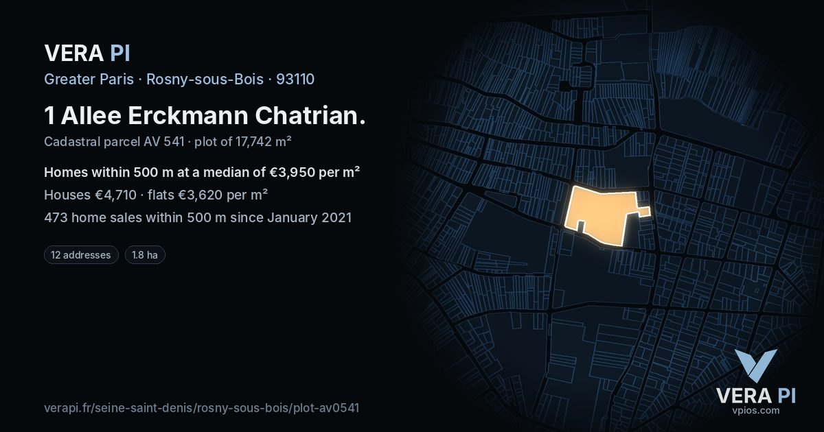 1 Allee Erckmann Chatrian, Rosny-sous-Bois at night – the plot lit, the parcels around coloured by the prices near them