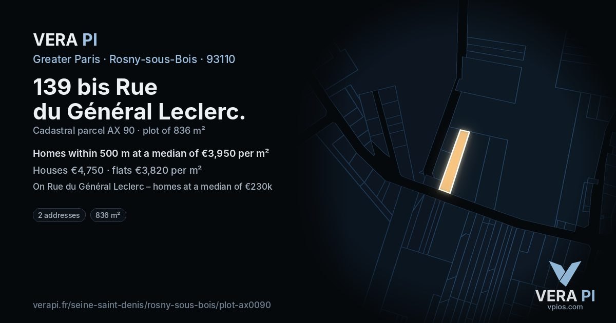 139 bis Rue du Général Leclerc, Rosny-sous-Bois at night – the plot lit, the parcels around coloured by the prices near them