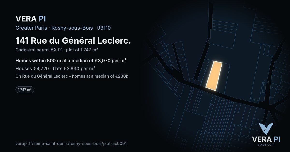 141 Rue du Général Leclerc, Rosny-sous-Bois at night – the plot lit, the parcels around coloured by the prices near them