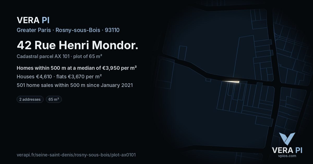 42 Rue Henri Mondor, Rosny-sous-Bois at night – the plot lit, the parcels around coloured by the prices near them