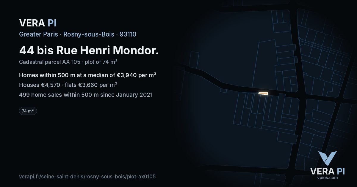 44 bis Rue Henri Mondor, Rosny-sous-Bois at night – the plot lit, the parcels around coloured by the prices near them