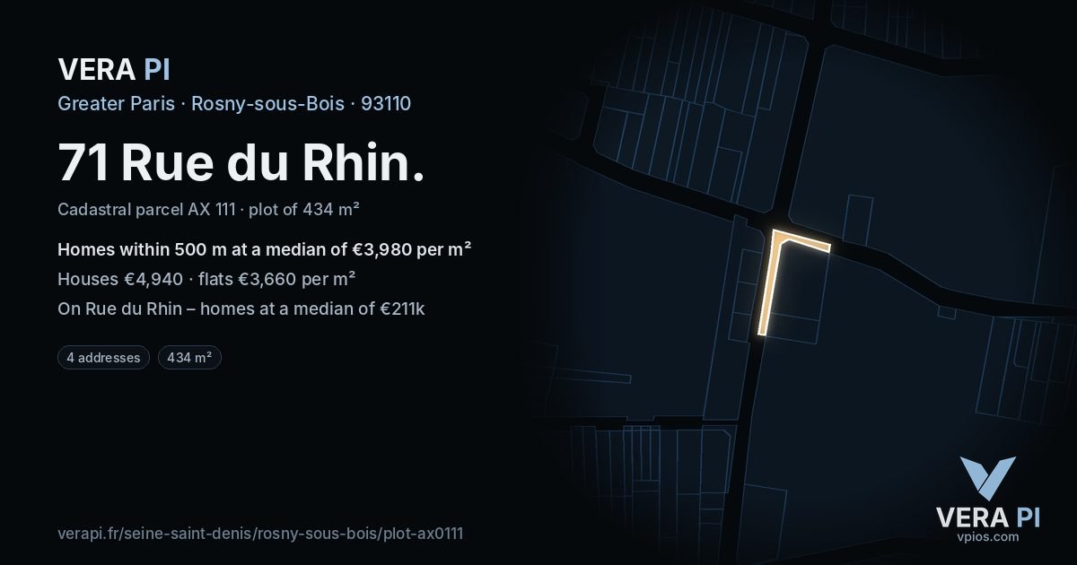 71 Rue du Rhin, Rosny-sous-Bois at night – the plot lit, the parcels around coloured by the prices near them