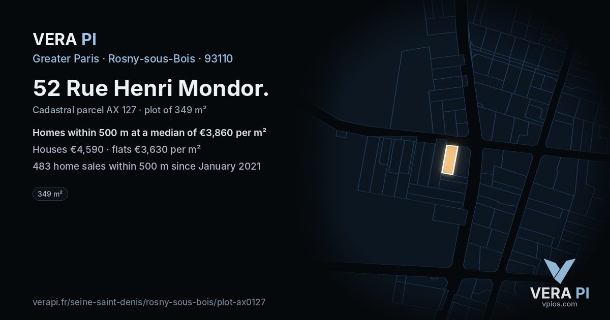 52 Rue Henri Mondor, Rosny-sous-Bois at night – the plot lit, the parcels around coloured by the prices near them