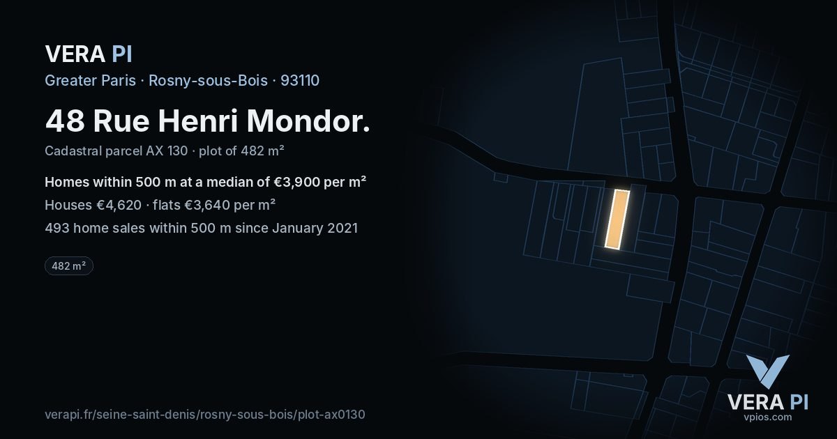 48 Rue Henri Mondor, Rosny-sous-Bois at night – the plot lit, the parcels around coloured by the prices near them