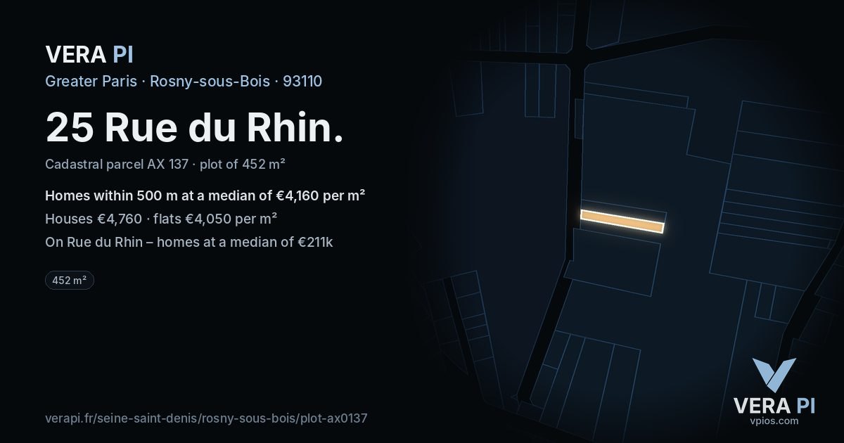 25 Rue du Rhin, Rosny-sous-Bois at night – the plot lit, the parcels around coloured by the prices near them
