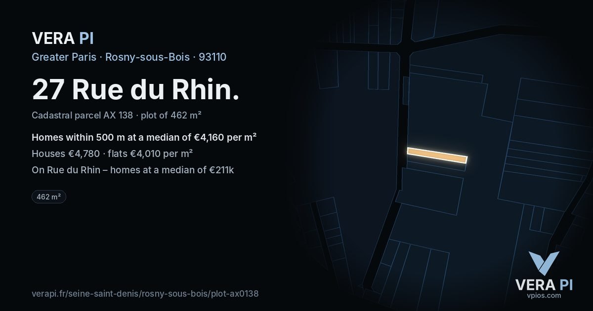 27 Rue du Rhin, Rosny-sous-Bois at night – the plot lit, the parcels around coloured by the prices near them