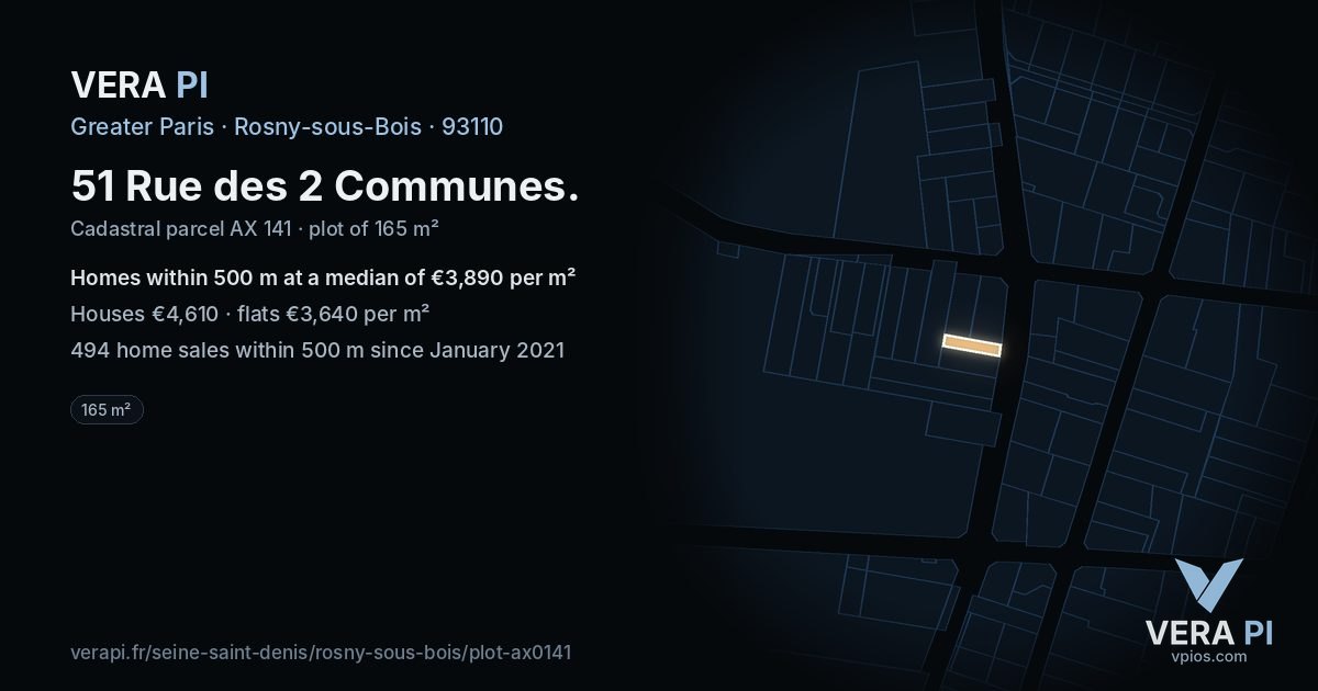 51 Rue des 2 Communes, Rosny-sous-Bois at night – the plot lit, the parcels around coloured by the prices near them