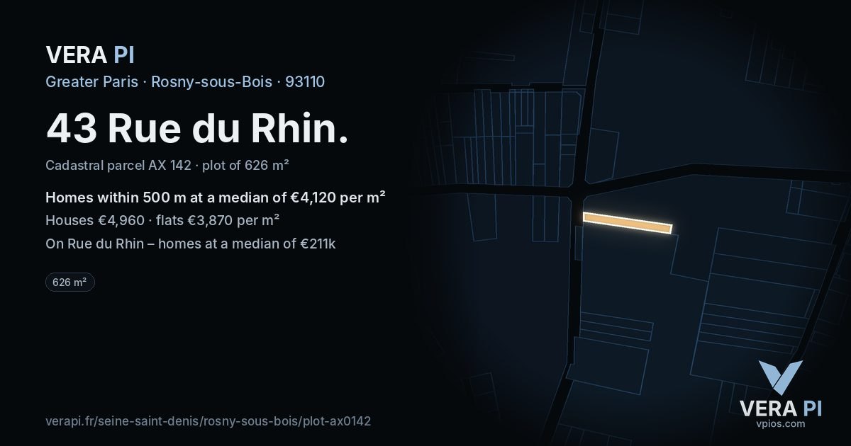 43 Rue du Rhin, Rosny-sous-Bois at night – the plot lit, the parcels around coloured by the prices near them