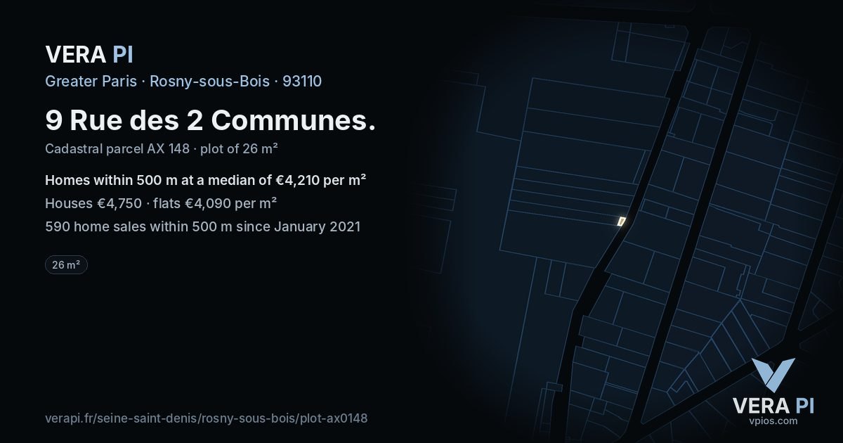 9 Rue des 2 Communes, Rosny-sous-Bois at night – the plot lit, the parcels around coloured by the prices near them