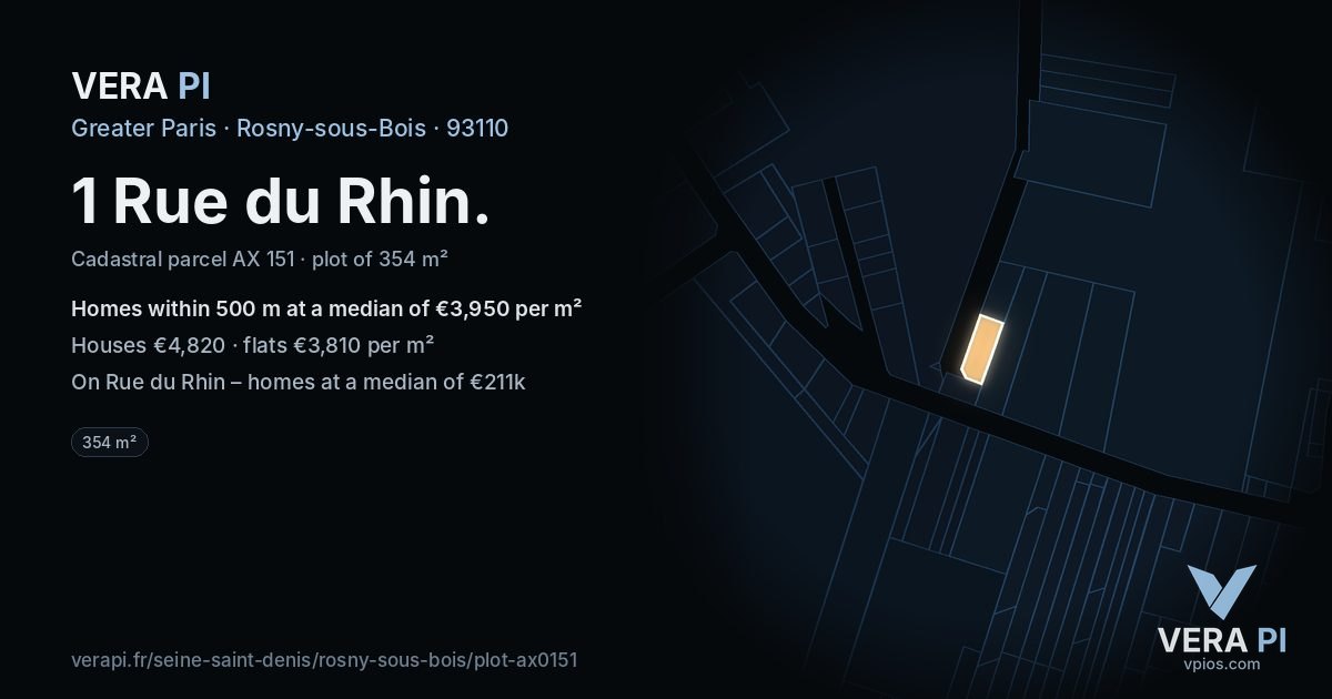 1 Rue du Rhin, Rosny-sous-Bois at night – the plot lit, the parcels around coloured by the prices near them