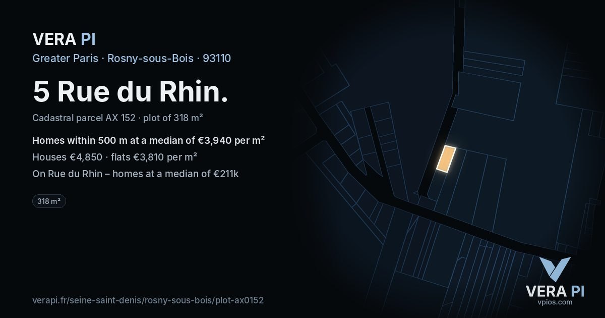 5 Rue du Rhin, Rosny-sous-Bois at night – the plot lit, the parcels around coloured by the prices near them