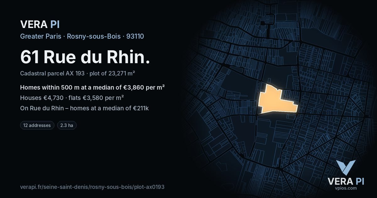 61 Rue du Rhin, Rosny-sous-Bois at night – the plot lit, the parcels around coloured by the prices near them