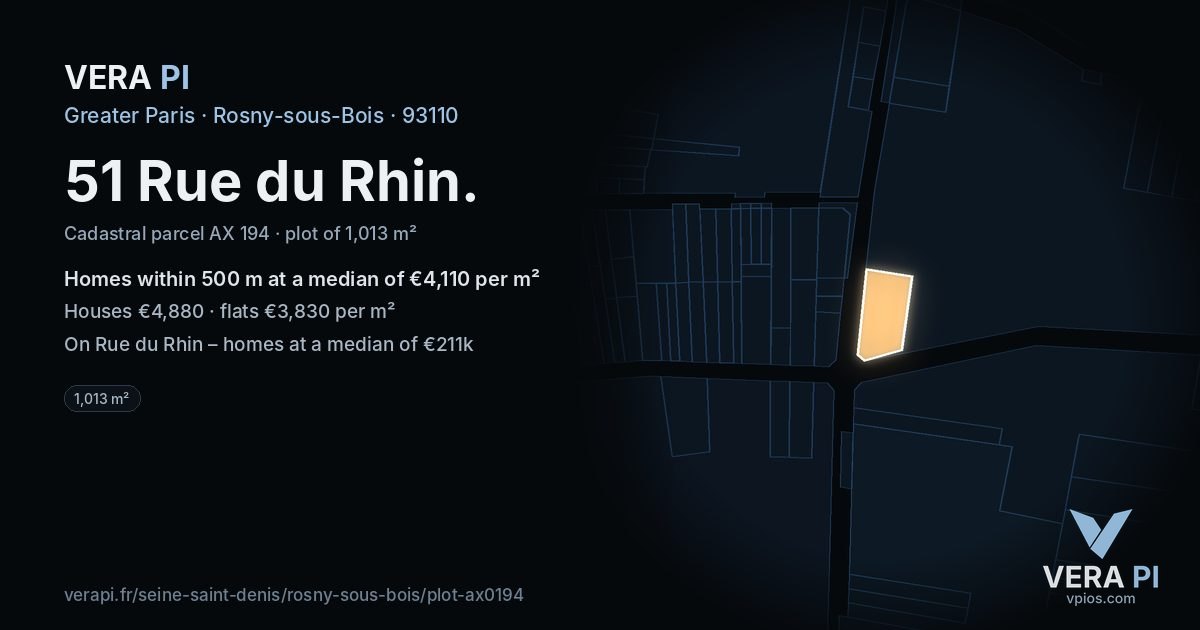 51 Rue du Rhin, Rosny-sous-Bois at night – the plot lit, the parcels around coloured by the prices near them