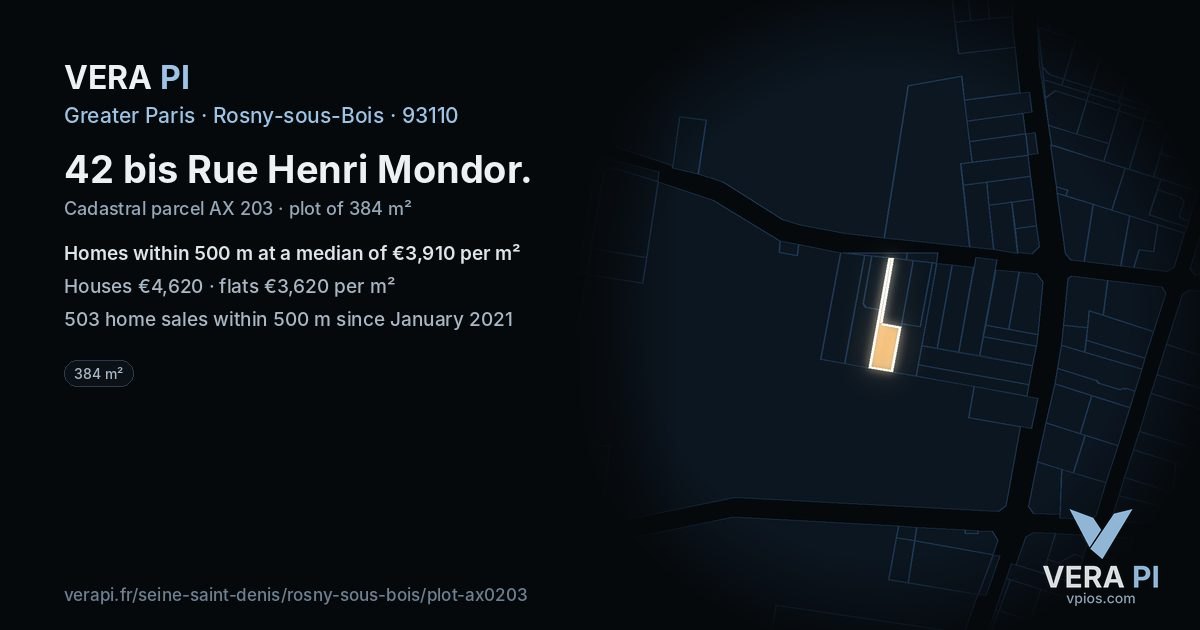 42 bis Rue Henri Mondor, Rosny-sous-Bois at night – the plot lit, the parcels around coloured by the prices near them