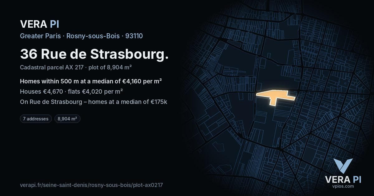 36 Rue de Strasbourg, Rosny-sous-Bois at night – the plot lit, the parcels around coloured by the prices near them