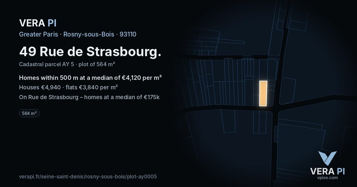 49 Rue de Strasbourg, Rosny-sous-Bois at night – the plot lit, the parcels around coloured by the prices near them