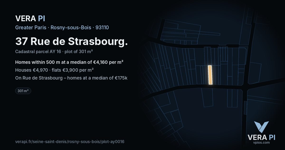 37 Rue de Strasbourg, Rosny-sous-Bois at night – the plot lit, the parcels around coloured by the prices near them