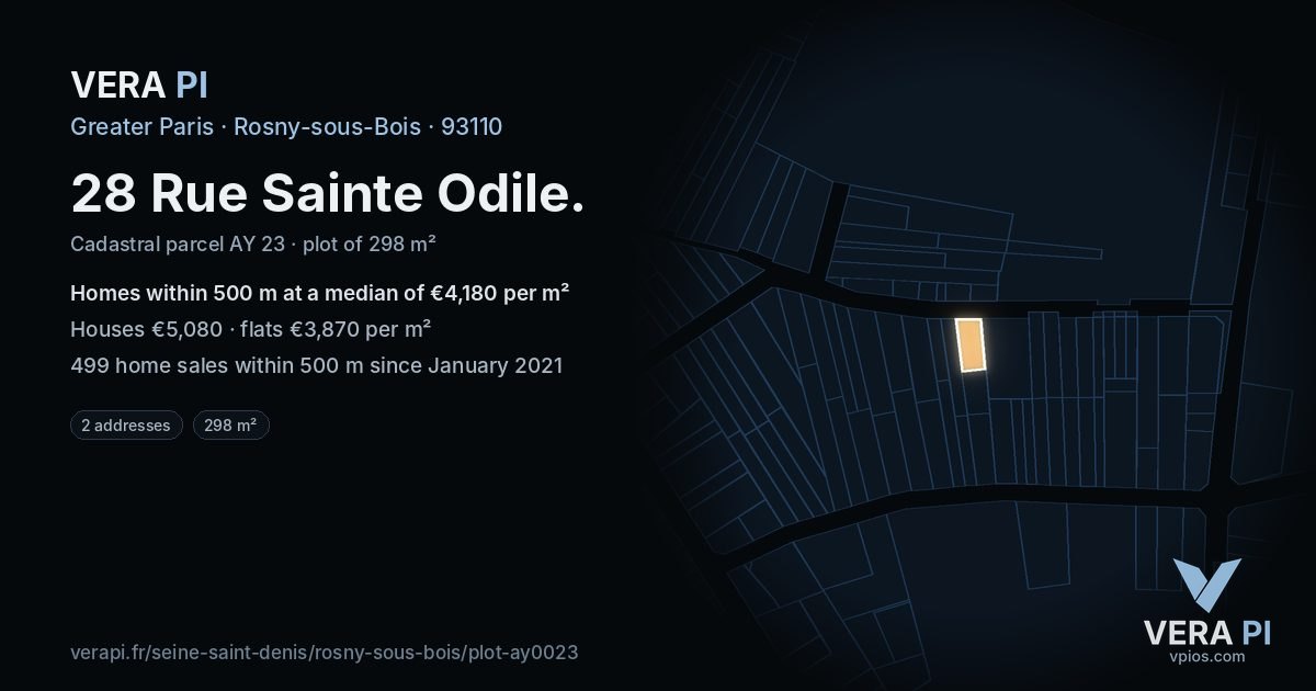 28 Rue Sainte Odile, Rosny-sous-Bois at night – the plot lit, the parcels around coloured by the prices near them