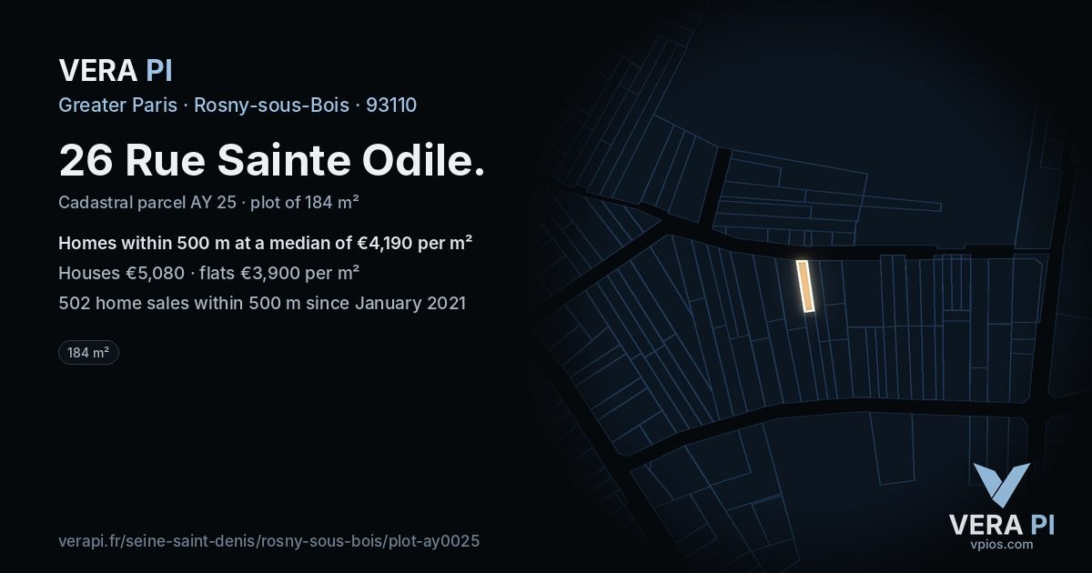 26 Rue Sainte Odile, Rosny-sous-Bois at night – the plot lit, the parcels around coloured by the prices near them