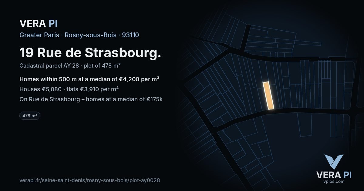 19 Rue de Strasbourg, Rosny-sous-Bois at night – the plot lit, the parcels around coloured by the prices near them