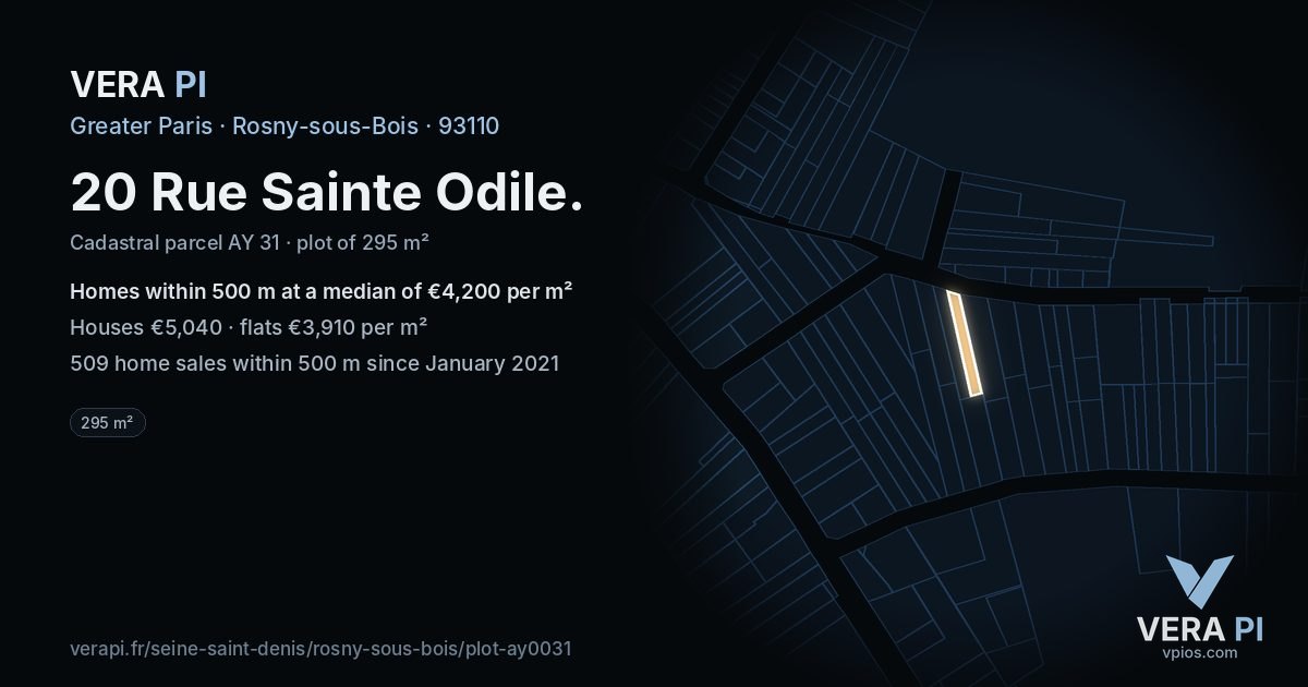 20 Rue Sainte Odile, Rosny-sous-Bois at night – the plot lit, the parcels around coloured by the prices near them