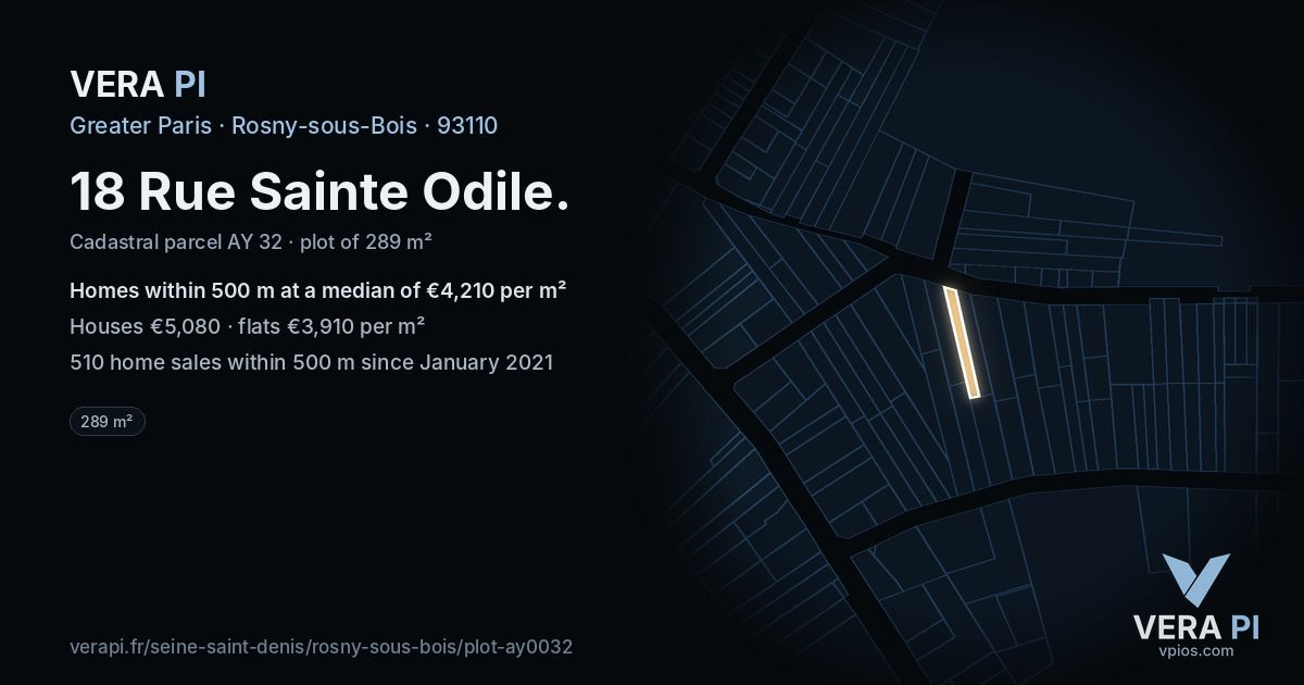18 Rue Sainte Odile, Rosny-sous-Bois at night – the plot lit, the parcels around coloured by the prices near them